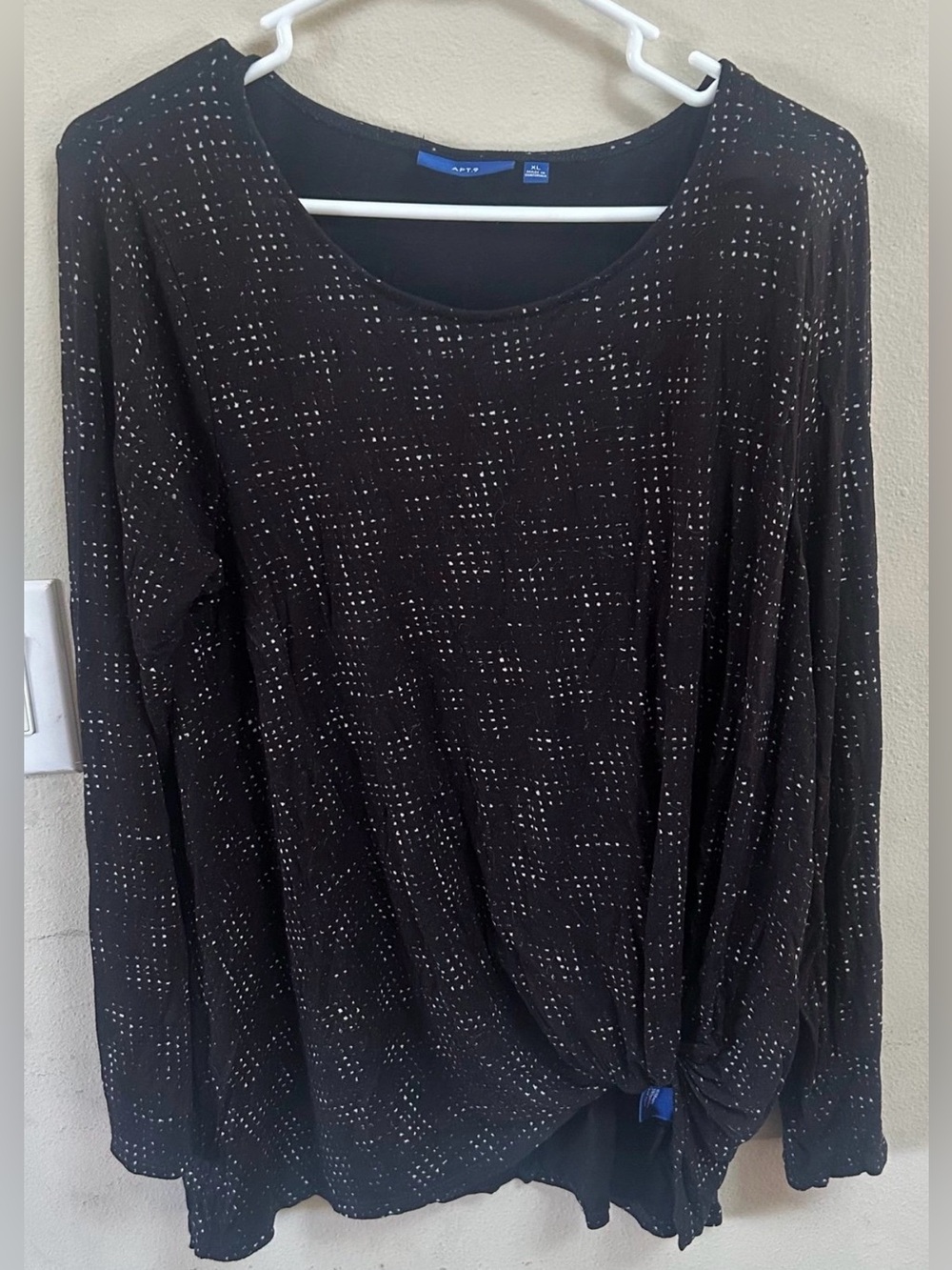 Apt. 9 Black Long-Sleeve Knot Front Top with cream Dot Accent